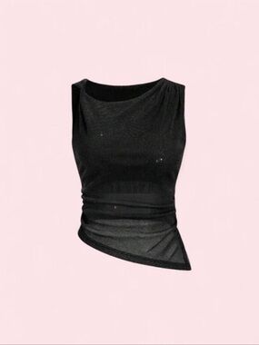 Sleek Asymmetrical Black Glitter Sleeveless Top